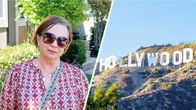 Keski-ikäinen nainen aurinkolaseissaan ja hollywood-kyltti kuvakombossa.