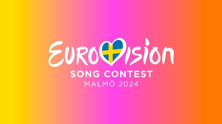 Keltaista, vaaleanpunaista ja oranssia väriä, joiden päällä on vuoden 2024 Euroviisujen logo.