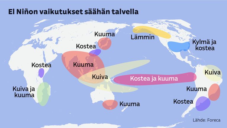 Kartta El Niñon vaikutuksista maailman säähän talvella.