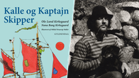 Bokomslag med titeln "Kalle og Kaptajn Skipper" bredvid en person med hund som sitter på stenar utomhus.