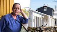 Kollaasissa Utsjoen kunnanjohtaja Päivi Kontio sairaanhoitajan asussa sekä Utsjoen kunnanviraston keväinen piha.