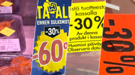 Fyra olika typen av rabattetiketter som visar procentuella prissänkningar på produkter, inklusive -30% och -60%.