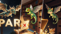 Ett kollage med tre versioner av samma drake som ändrar utseende i varje bild, i en biblioteksmiljö.