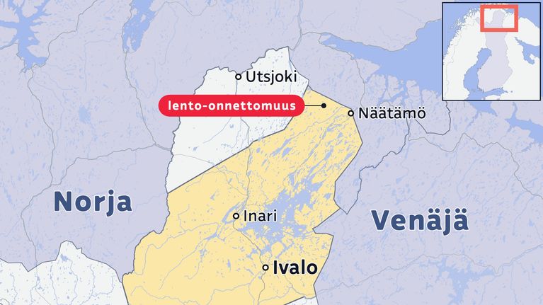 Karttagrafiikka, joka havainnollistaa lento-onnetomuuden Inarissa.