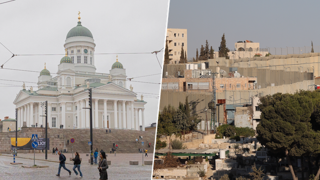 Kollagebild bestående av en bild på Helsingfors domkyrka, och en bild från Betlehem i Palestina, som klyvs av en lång mur.