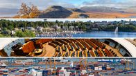 A collage of fells, a lakeside residential area, parliament and a dockyard.  