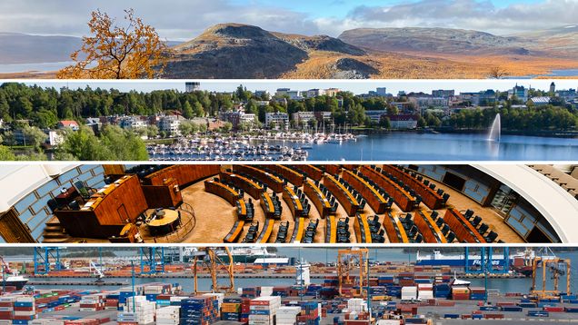 A collage of fells, a lakeside residential area, parliament and a dockyard.  