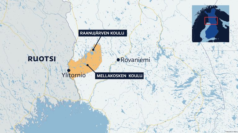 Kartta POhjois-Suomesta, näkyy Rovaniemi, Ylitornio ja Mellakosken sekä Raanujärven koulut.