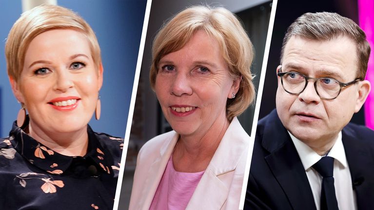 Composite image with portraits of three party leaders; two smiling women on the left and PM Orpo on the right.