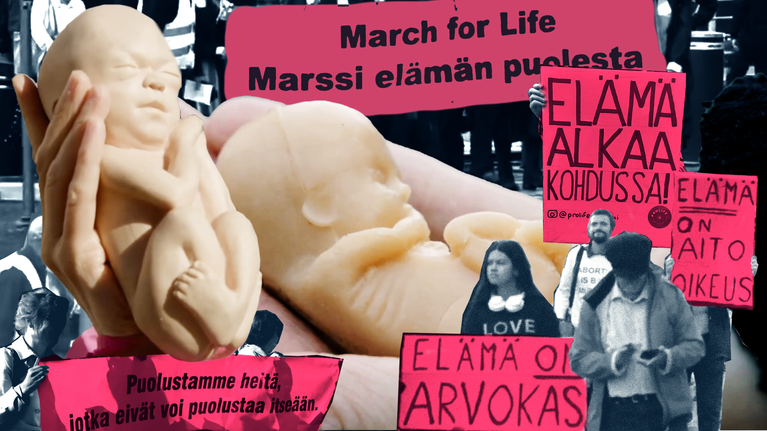 Kollage av en anti-abort protest, skyltar med pro-life meddelanden omringar en bild på en fosterdocka.