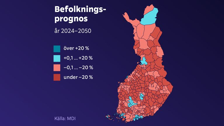 Karta över Finlands befolkningsprognos för åren 2024–2050. 