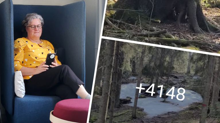 Keski-ikäinen nainen siniharmaassa tuolissa katsomassa älypuhelinta. Toisessa kuvassa metsämaisemas, jonka päällä teksti +4148.