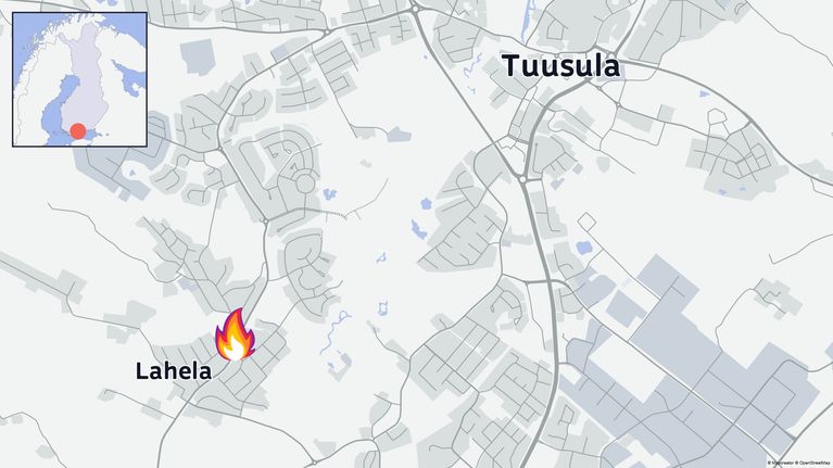 Karttakuva Tuusulan alueesta, Lahelaan on merkitty liekkisymboli.