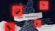 Kuvituskuva aiheesta väkivalta Suomessa. Kuvassa on Suomen kartta ja väkivaltaan liittyviä ikoneita.