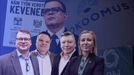 Kollaasissa taustalla Orpo ja kokoomuksen kohua herättänyt mainos, edessä kokoomuslaisia ammattiyhdistysten edustajia (OAJ, TEK, Ekonomit, Insinööriliitto). 