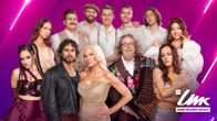 Group photo collage of the seven acts competing at UMK 2026.  It shows a total of 12 people posing in front of a purple background.