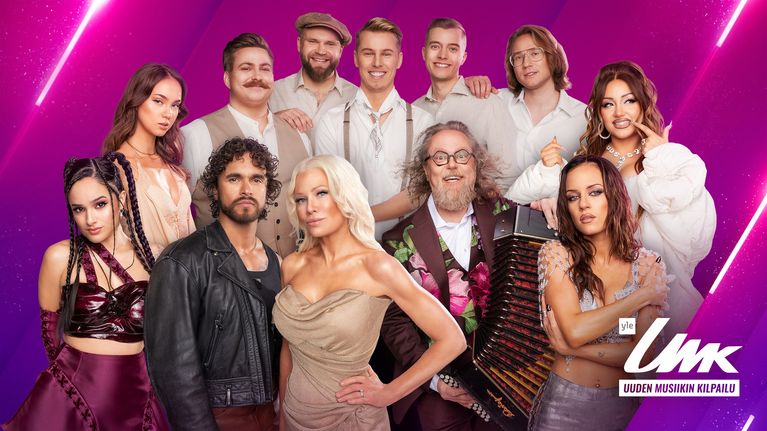 Group photo collage of the seven acts competing at UMK 2026.  It shows a total of 12 people posing in front of a purple background.