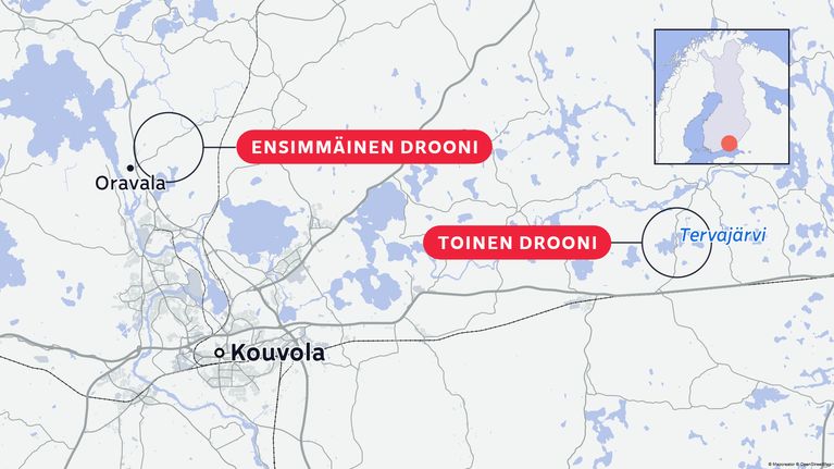 Karttakuvassa näkyvät alueet Kouvolassa, joissa kaksi droonia havaittiin Tervajärven ja Oravalan tuntumassa.