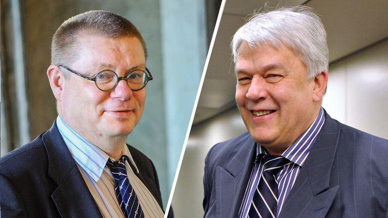 Kimmo Kivelä ja Matti Viialainen valkoisella viivalla jaetussa kuvassa.