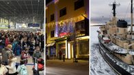 Kolmen kuvan kollaasi, ihmisiä lentokentällä, valaistu hotellin sisäänkäynti ja jäänmurtaja Sampo.