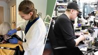 Yhdistelmäkuvassa hoiva-alan työntekijä kampaamassa vanhuksen hiuksia ja tekniikan alan työntekijä korjaamassa elektroniikkaa mikroskoopin avulla.