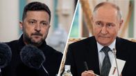 Bildcollage på Volodymyr Zelenskyj och Vladimir Putin.