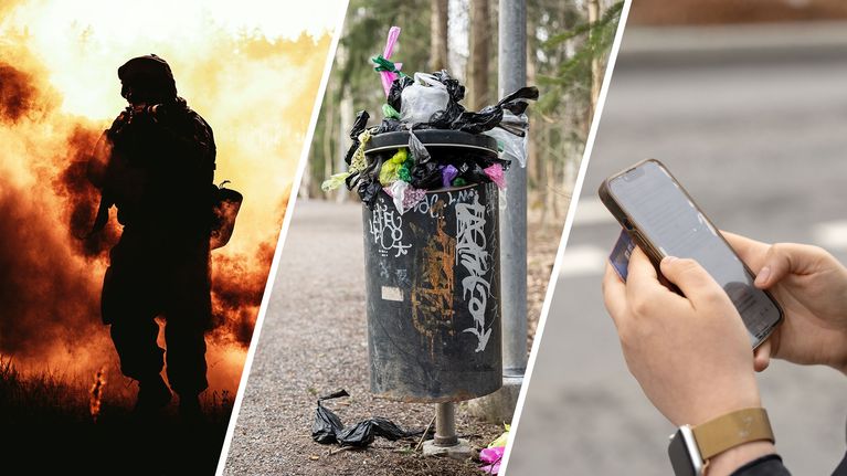 Photo shows a photo composite of wars, selfishness and a phone.