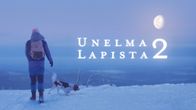 Luminen maisemakuva tunturista, kuvan vasemmassa laidassa kävelee kamerasta pois päin ihminen koirineen.