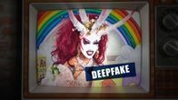 Slovakian vaaleissa käytetty deepfake -kuva videokaappauksessa. Kuvassa nainen jolla sarvia ja taustalla sateenkaari.
