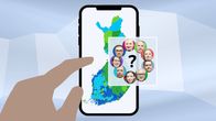 Puhelimen ruudulla näkyy Suomen kartta ja presidenttiehdokkaiden kasvoja.