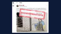 Tekstiä ja kuva graffitista, joiden päällä olevassa leimassa lukee "Disinformaatiota".