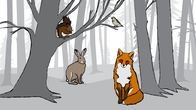 Piirros metsästä. Puussa istuu orava ja oksalla on varpunen. Metsäjänis ja kettu myös kuvassa.