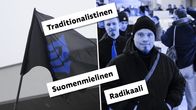 Kuvakollaasi, jossa Sinimustan Liikkeen lippu, Tuukka Kuru ja Lauri Hokkanen.