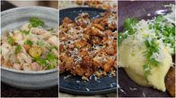Three photos of food portions, first a bowl of beans, then a plate of baked beans with cheese and then a plate of mashed potatoes with dill and cheese.