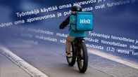 Composite image showing an e-bike courier with a large cubical blue backpack saying Wolt, seen from behind against a backdrop of contractual text.