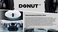 Bildkollage av tre sidor från Donut Labs rapport. Donut-logotyp, fordon samt texten 'magiska Donut-batterier'