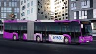 Havainnekuva Nyssen uudesta superbussista kuvattuna kaupunkiympäristössä. 