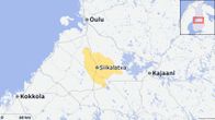 Karttakuva Siikalatvan alueesta merkittynä keltaisella, ympärillä Oulu, Kokkola ja Kajaani, yläkulmassa Suomen kartta.