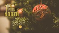 Christmas tree and ornament, featuring the All Points North podcast logo.