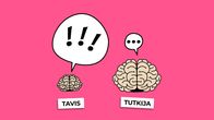 Piirroskuvassa taviksen pienet aivot ja iso puhekupla, sekä tutkijan isot aivot ja pieni puhekupla.