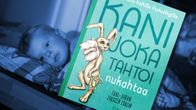 Kirjan Kani joka tahtoi nukahtaa kansi ja takana hereillä oleva lapsi. Kuvakooste.