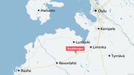 Kartta, jossa alareunassa Raahe ja Yläreunassa Oulu sekä merkittynä puoleen väliin kohde Ruutikangas.