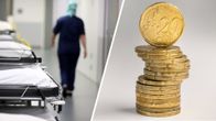 Kahden kuvan kollaasi. Toisessa anonyymi hoitaja kävelemässä sairaalan käytävällä ja toisessa pino 20 sentin kolikoita.