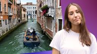 Isabella Biorac Haaja i en vit t-tröja mot en lila bakgrund och Venedig