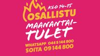 Maanantaitulet-ohjelman tunnuskuvassa lukevat osallistumisohjeet ja kellonaika: klo 14–15.