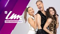 UMK-logo sekä vuoden 2024 UMK:n juontajat vasemmalta oikealle: Pilvi Hämäläinen, Benjamin sekä Viivi Pumpanen.