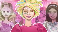 Kuvituskuvassa etualalla Barbie-nukke, jolla sotkettu naama ja värjätyt hiukset, taustalla siististi kammattuja ja puettuja nukkeja. 