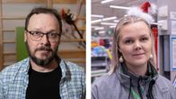 Kahteen osaan jaettu kuva, jossa vasemmalla on ruutupaitainen ja silmälasipäinen mies, ja oikealla on pieneen tonttulakkiin ja joulupallokorvakoruihin pukeutunut nainen. 