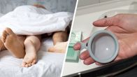 Kaksiosainen kuva, jossa toisessa kuvassa kahden aikuisen ihmisen jalat osittain peiton alla ja toisessa ihmisen kädessä kuukautislevy.