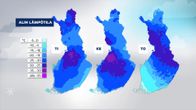 Kolmen vuorokauden ennustettu alin lämpötila kolmella kartalla.